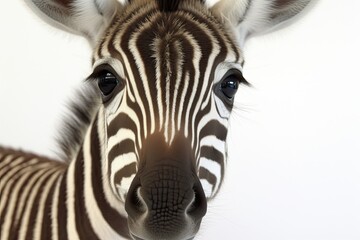 Fototapeta na wymiar zebras face in close-up with a plain white background. Generative AI