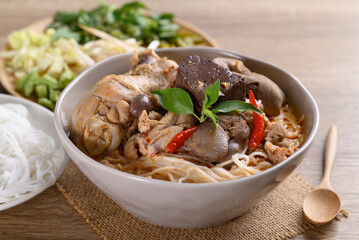 Thai rice noodles curry soup with chicken and coconut milk, Thai food