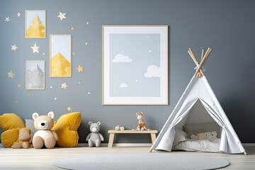 Bright and inviting children's room interior with a mock-up frame. Generative Ai