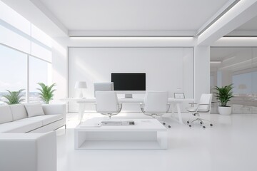 Clean and organized white office interior with a mock-up wall design. Generative Ai