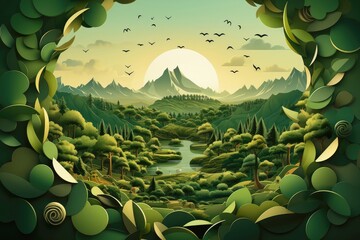 Obraz premium Ecosystem restoration, environment day concept tree background. Recycle icon paper cut banner with forest. Ecology project concept, Generative AI illustration