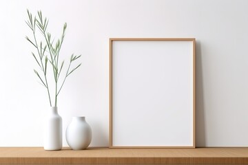 Fototapeta na wymiar Close-up shot of a mockup frame in a white room featuring natural wood furnishings. Generative Ai