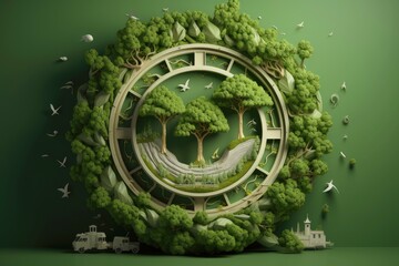 Ecosystem restoration, environment day concept tree background. Recycle icon paper cut banner with forest. Ecology project concept, Generative AI illustration