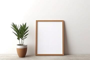 Fototapeta na wymiar Close-up shot of a mockup frame in a white room featuring natural wood furnishings. Generative Ai