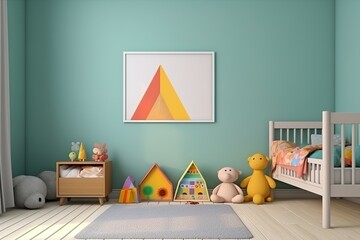 Colorful and vibrant backdrop of a unisex children's room with a mock-up frame. Generative Ai