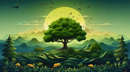 Ecosystem restoration, environment day concept tree background. Recycle icon paper cut banner with forest. Ecology project concept, Generative AI illustration