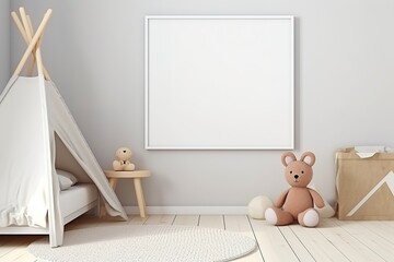 Comfortable white children's room backdrop with a mock-up poster frame. Generative Ai