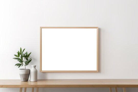 Close-up shot of a mockup frame in a white room featuring natural wood furnishings. Generative Ai © Imam