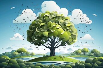 Ecosystem restoration, environment day concept tree background. Recycle icon paper cut banner with forest. Ecology project concept, Generative AI illustration