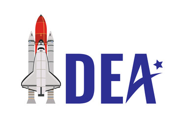 Word Idea with illustration of rocket instead of letter I on white background