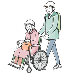 災害時に避難する車椅子に乗った高齢女性と支援する男性