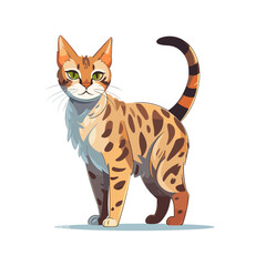 Fototapeta na wymiar Playful cartoon Bengal cat at home sticker Illustrations in minimalist detailed style