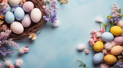 Fototapeta na wymiar Top View of Happy Easter Day background with colorful eggs and flowers on pastel background