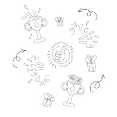 Stickers about Success theme. Doodle sketch. Vector illustration. Business, achievement, purpose.