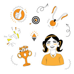 Stickers about Success theme. Doodle sketch. Vector illustration. Business, achievement, purpose.