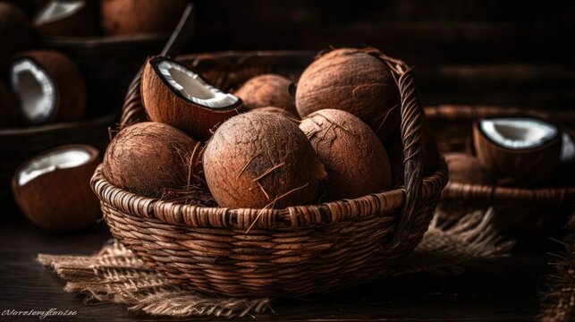 Coconuts fruits in a bamboo basket with blurred background