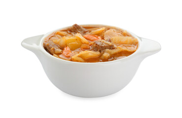 Tasty cabbage soup with meat and carrot on white background