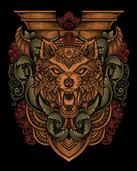 Wolf head tribal style with antique engraving ornament