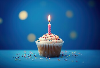 Happy birthday cupcake muffin on blue background, generative ai