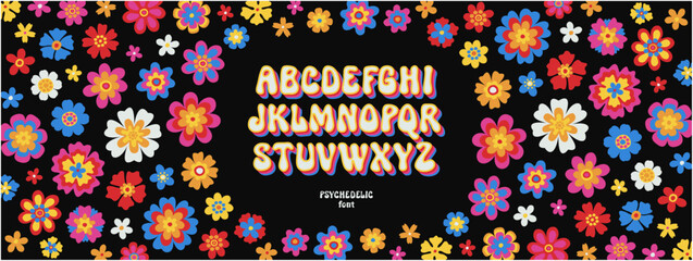 Vector groovy psychedelic alphabet. Contemporary psychedelia fun hand drawn font. Trippy simple naive daisy flowers backdrop. Boho style ABC. Dope euphoria typeface. Positive vibes hippie letters - obrazy, fototapety, plakaty