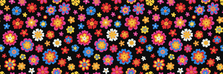 Vector groovy floral seamless pattern. Contemporary fun psychedelic daisies background. Trippy simple naive daisy flowers repeat texture. Boho style childish seamless banner backdrop - 619255256