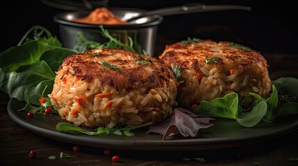 Fototapeta premium Maryland Crab cakes with chopped greens on a wooden plate with a blurred background