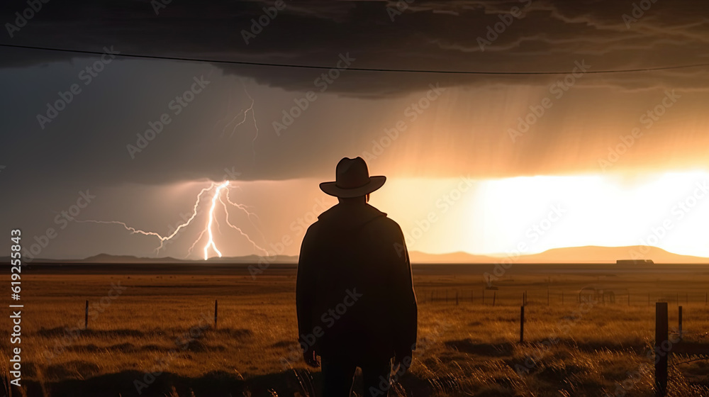 Poster back view on a man in front of him is a thunderstorm with lightning and dark dramatic clouds. genera