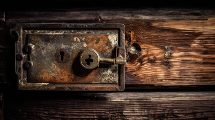 close up of an old wooden door with a rusty metal lock. Generative AI