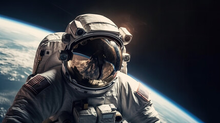 an american astronaut on a spacewalk in the background is the planet earth. Generative AI