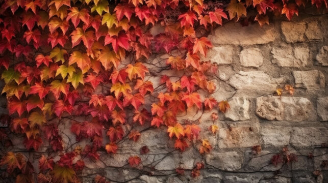 red autumn leaves on a wall facade. autumn concept template for designers. Generative AI