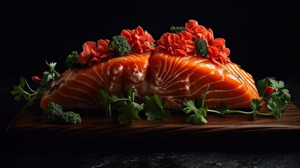 Closeup Salmon on a wooden table with a blurred background