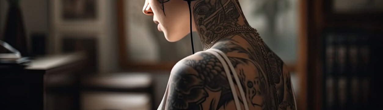 back view of a pretty tattooed young woman with headphones listening to music. Generative AI