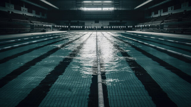 lanes in an empty swimming pool with water. Generative AI