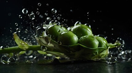 Fresh Green Pea hit by splashes of water with black blur background