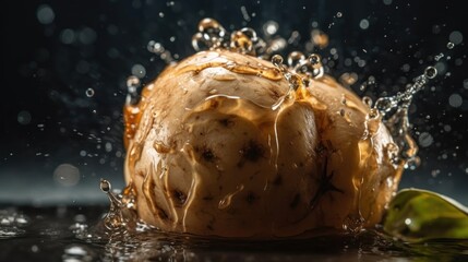 Fresh Potato hit by splashes of water with black blur background