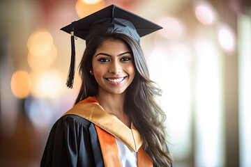 Happy beautiful Indian graduate student wearing cap and gown