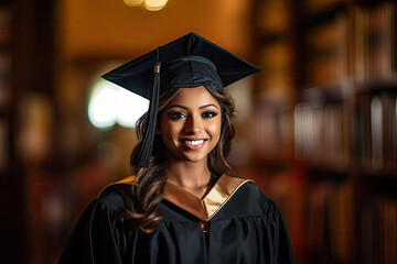 Happy beautiful Indian graduate student wearing cap and gown
