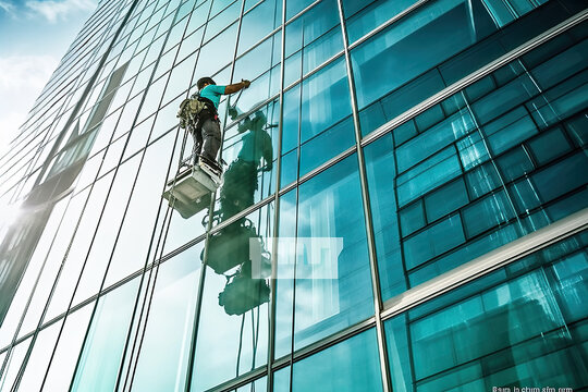 Professional worker repairing and cleaning building windows on the fa&ccedil;ade facility of residential skyscraper