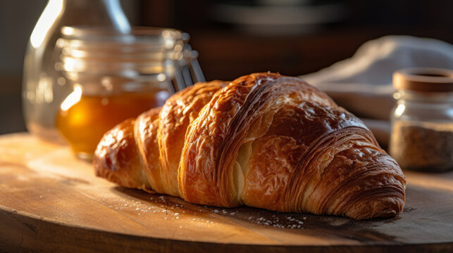 Good morning concept - Freshly baked croissants on a tray with a small jar of jam for breakfast