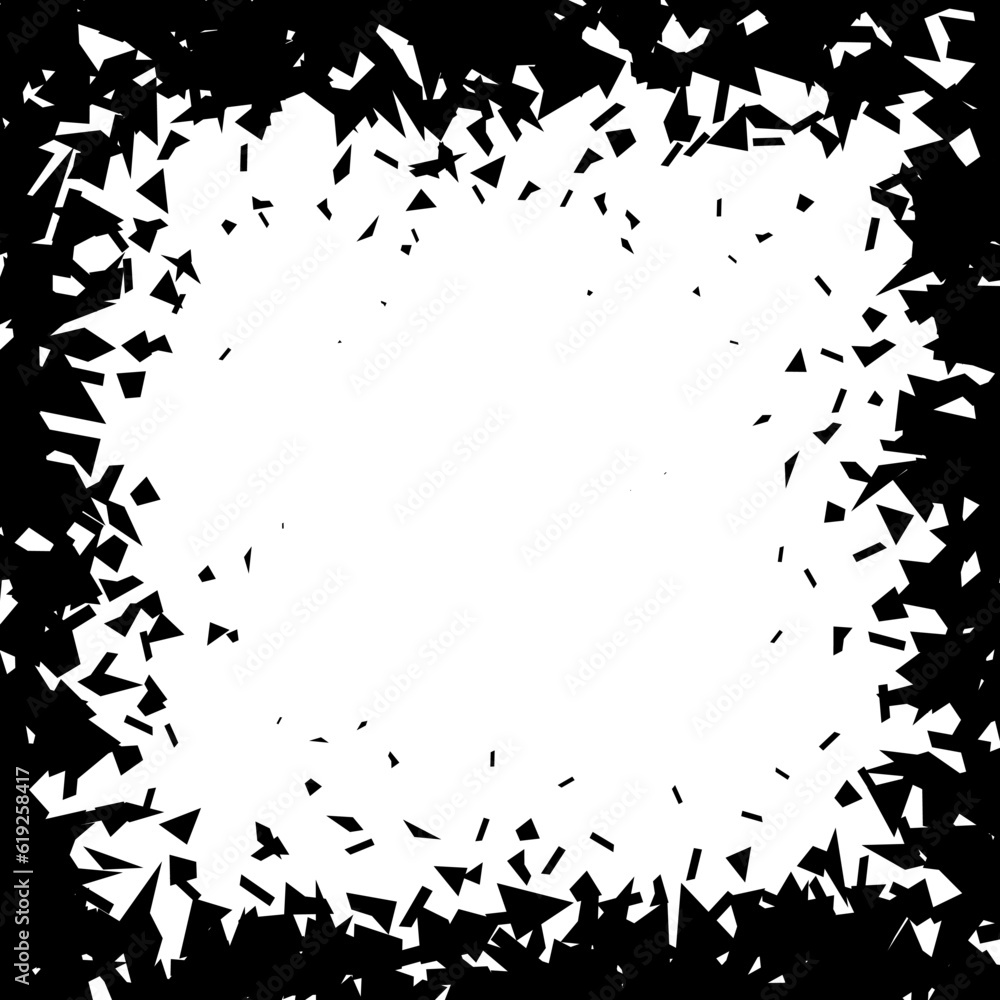 Poster Debris and shatters in square shape frame. Black broken pieces, specks, speckles, particles, shivers. Abstract explosion and burst textured rectangular element. Vector illustration 