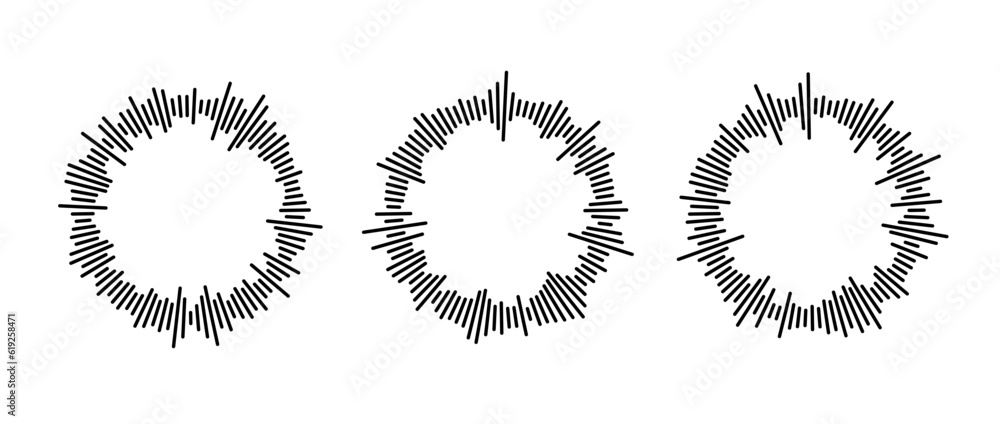 Poster Radial sound waves collection. Round music equalizer bar set. Black linear audio chart pack. Abstract circle radio and voice signal symbol or icon for podcast, app, player. Vector element bundle.