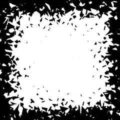Debris and shatters in square shape frame. Black broken pieces, specks, speckles, particles, shivers. Abstract explosion and burst textured rectangular element. Vector illustration 