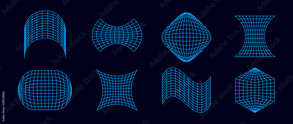 Poster Neon blue geometric wireframe collection. Abstract surface grid of different shape. Distorted perspective planes and object set. Vector element bundle for posters, flyers, collages, templates