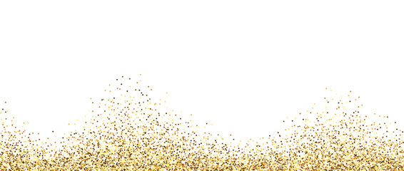 Golden glitter background. Sparkling small confetti wallpaper. Splashed gold dots texture. Wavy design element for posters, flyer, invitation, Christmas birthday decoration. Vector border