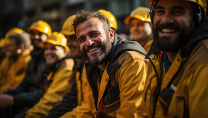Fototapeta premium Building with a Smile: Construction Crew in Suits Grinning as They Contribute to Progress. Pride in Progress: Construction Workers Smiling Confidently in Their Suits on the Job Site.