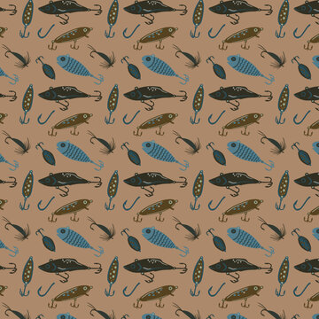 Vintage fishing lures seamless pattern