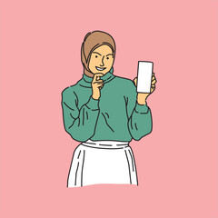 hijab woman cartoon character in green sweater Smiling using mobile phone. vector illustration