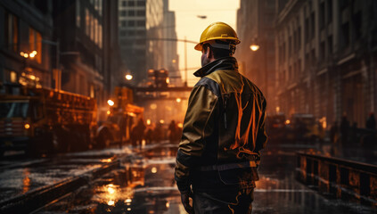 Urban Builders. A worker in a helmet standing in front of construction cranes, in the style of urban cityscapes. Progress and urban development concept. AI Generative