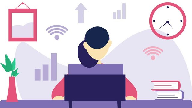 Woman at the office happy time passing, wifi, plant, books, financial or wifi signal, frame, vector motion graphics, illustration animation