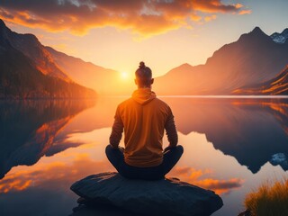 Back view man sitting in yoga pose in the sundown with a lake and mountains in front of him. Generative AI